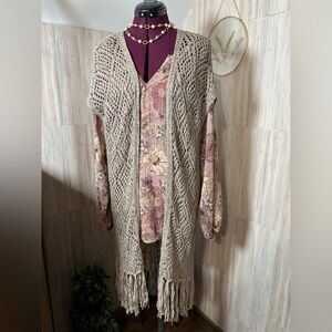 Altar'd State Taupe Knit Cardigan With Fringe